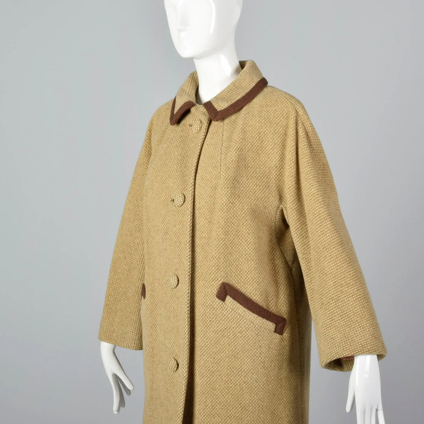 1950s Beige Tweed Coat with Brown Trim