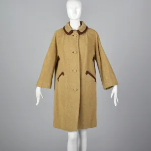 1950s Beige Tweed Coat with Brown Trim