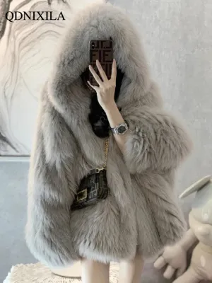 2022 Winter Fur Coat Women Imitation Fox Hair Korean Version of The New Faux Fur Coat Hooded Fox Fur Long Fur Collar Jackets