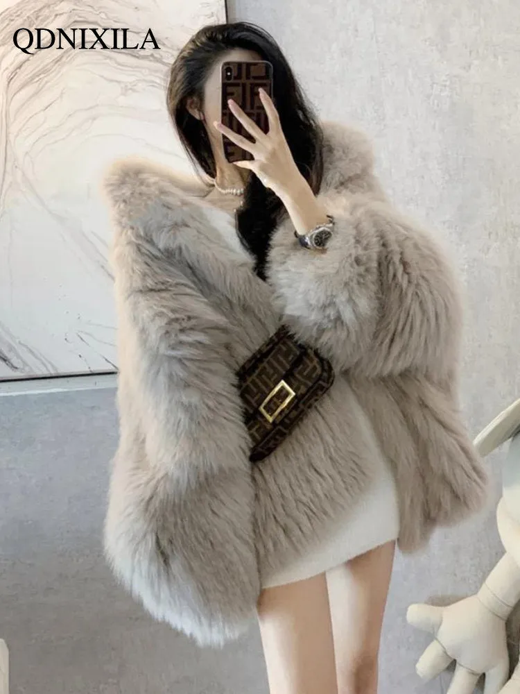 2022 Winter Fur Coat Women Imitation Fox Hair Korean Version of The New Faux Fur Coat Hooded Fox Fur Long Fur Collar Jackets