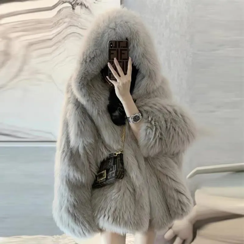 2022 Winter Fur Coat Women Imitation Fox Hair Korean Version of The New Faux Fur Coat Hooded Fox Fur Long Fur Collar Jackets