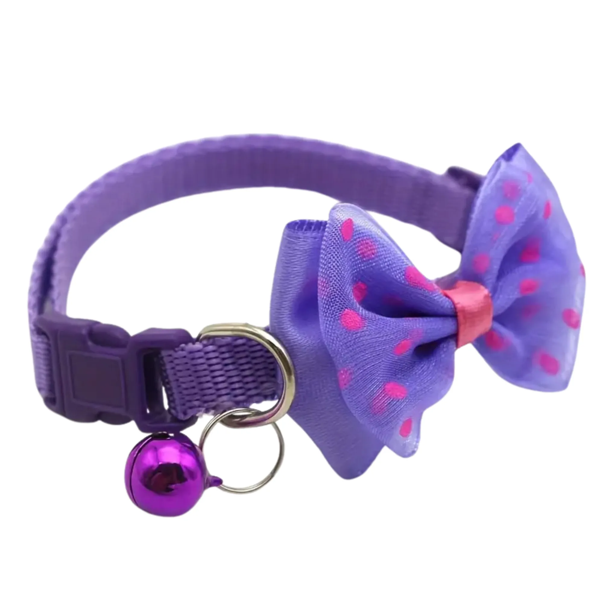 Adjustable Plaid Cat Collar With Purple Polka  Bow Tie