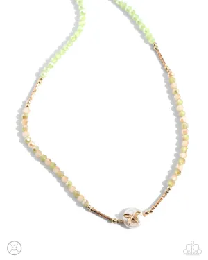 Aerial Action - Green - and Gold Faceted Bead Butterfly and Pearl Paparazzi Choker Necklace