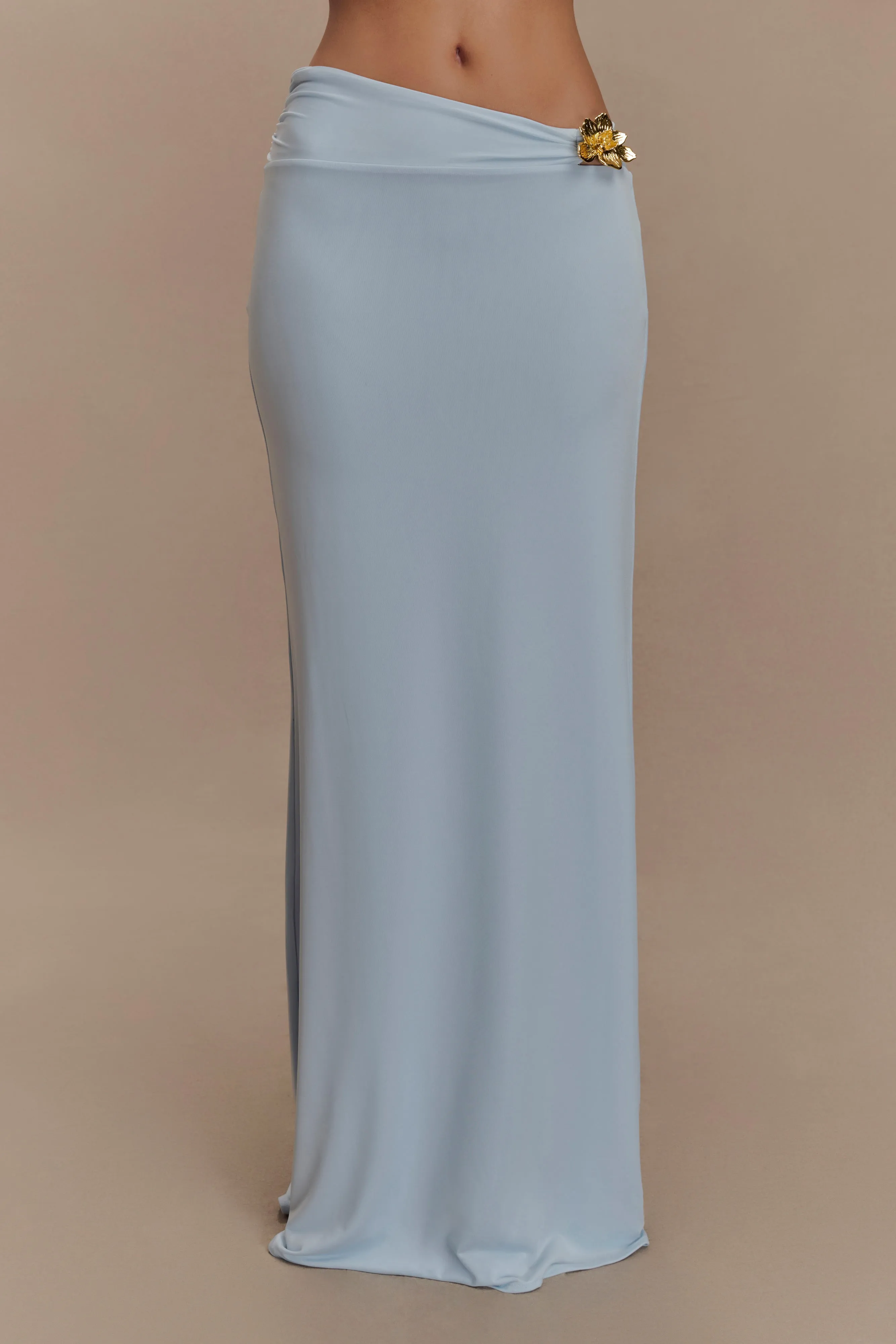 Ainsley Asymmetrical Maxi Skirt With Floral Hardware - Pale Blue