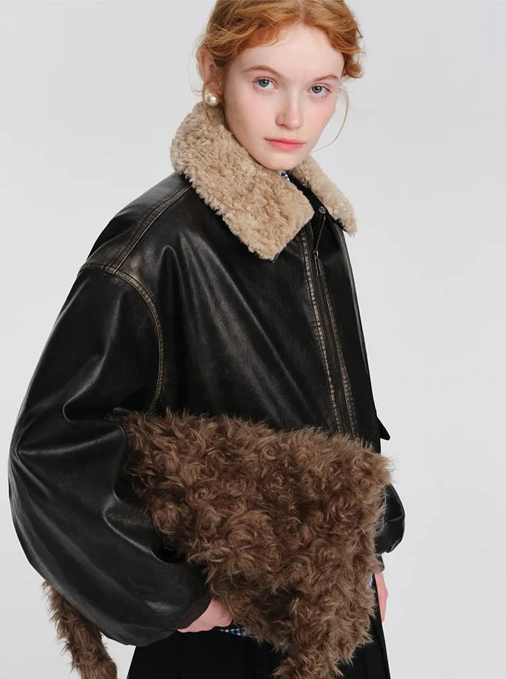 American retro fur collar leather jacket