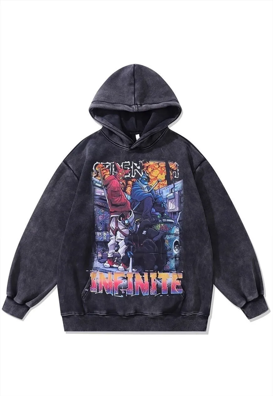 Anime hoodie vintage wash pullover Manowar jumper in grey