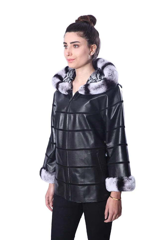 Anna Womens Real Rex Fur Leather Jacket with Hood