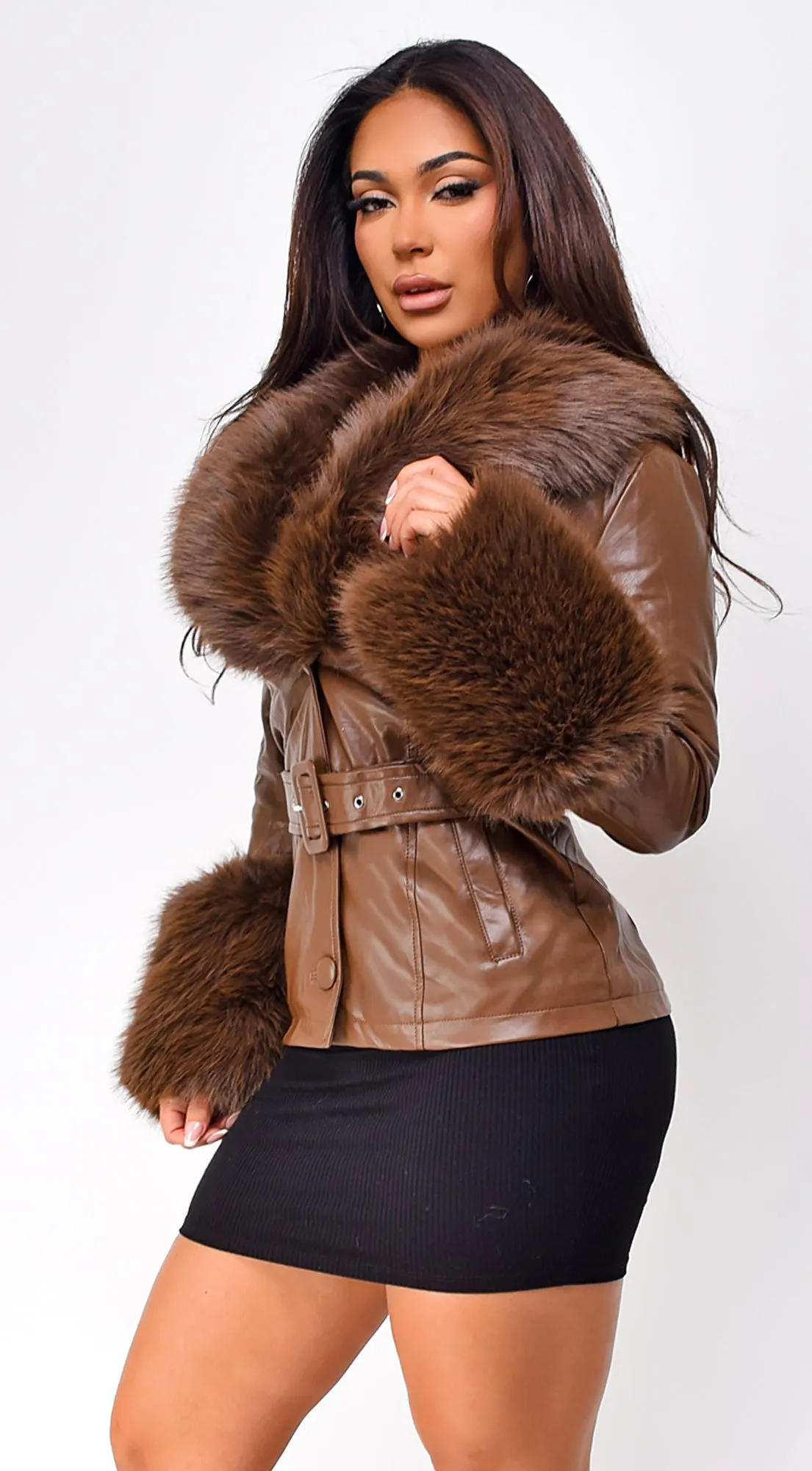 Anzhelina Faux Fur Leather Jacket - Camel