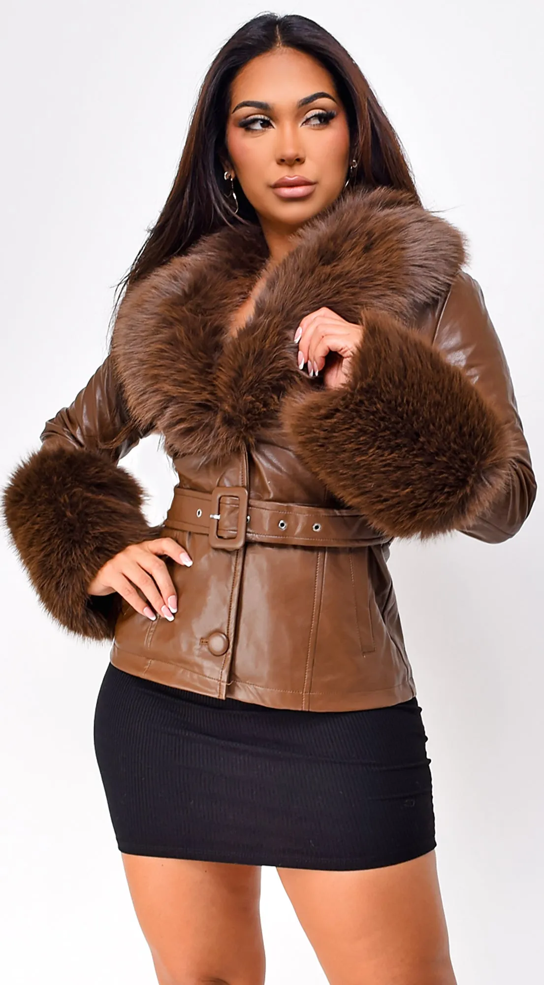 Anzhelina Faux Fur Leather Jacket - Camel