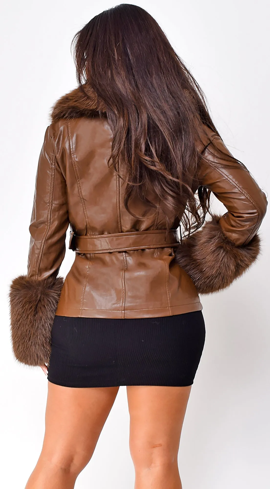 Anzhelina Faux Fur Leather Jacket - Camel