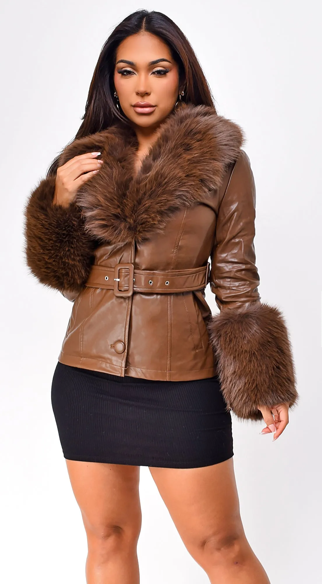 Anzhelina Faux Fur Leather Jacket - Camel