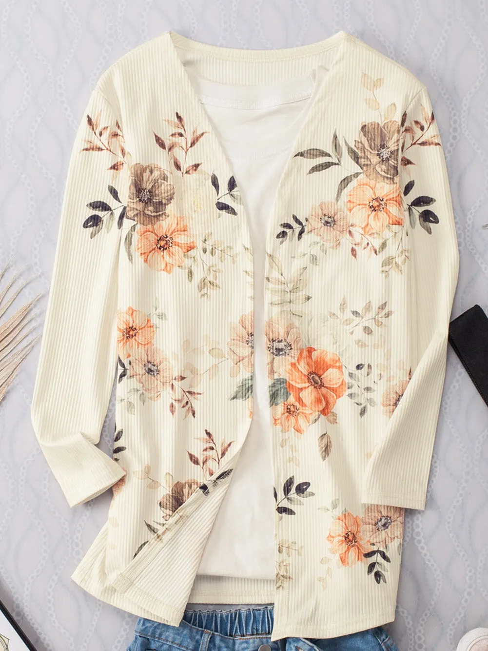 Apricot Blossom Ribbed Knit Slim Fit Cardigan