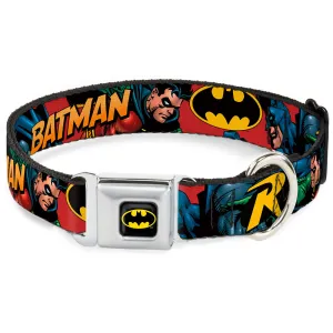 Batman Full Color Black Yellow Seatbelt Buckle Collar - Batman & Robin in Action w/Text Burgundy