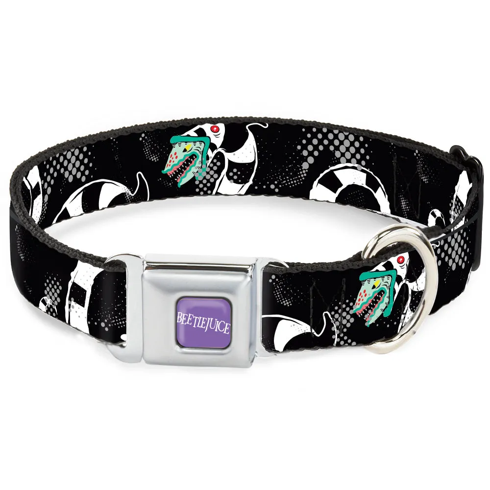 BEETLEJUICE Text Logo Full Color Purple/White Seatbelt Buckle Collar - Beetlejuice Sandworm Healftone Repeat Black/Gray