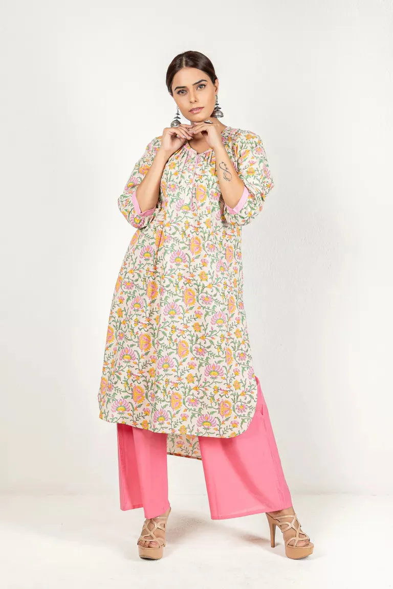 Beige & Pink Hand Block Printed Kurta