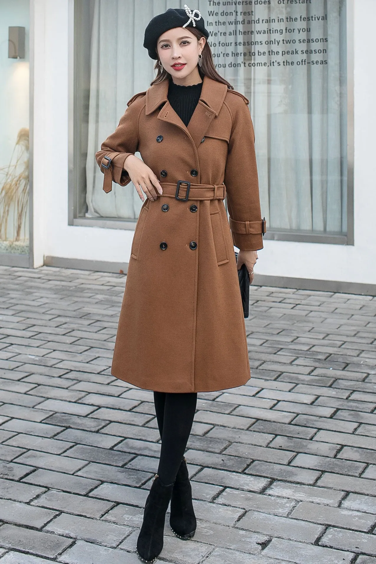 Belted Long Wool Coat Women C2585