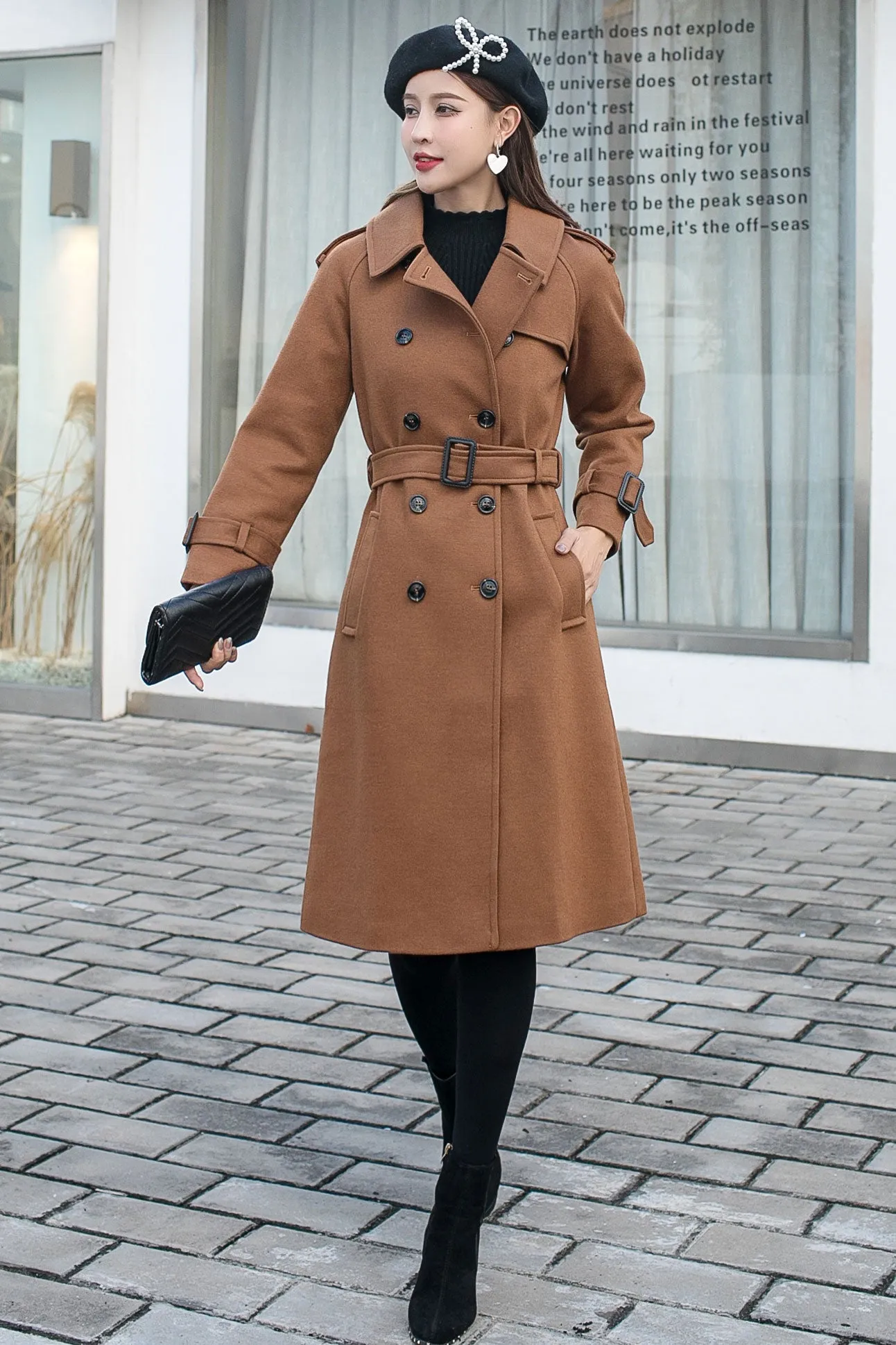 Belted Long Wool Coat Women C2585