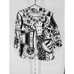 Birch Hill Womens L 100% Cotton 3/4 Sleeve Shrug Cardigan Black White Geometric