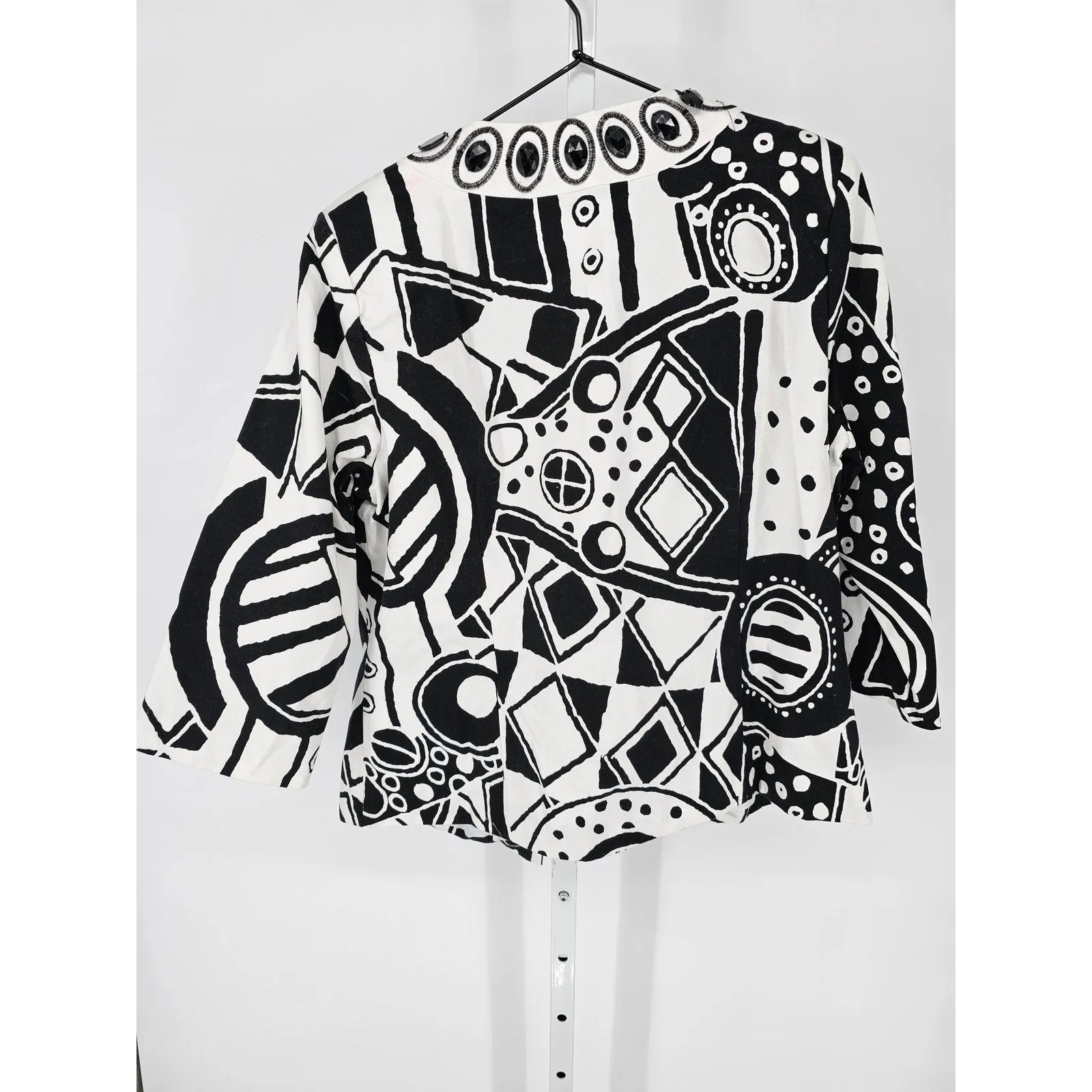 Birch Hill Womens L 100% Cotton 3/4 Sleeve Shrug Cardigan Black White Geometric