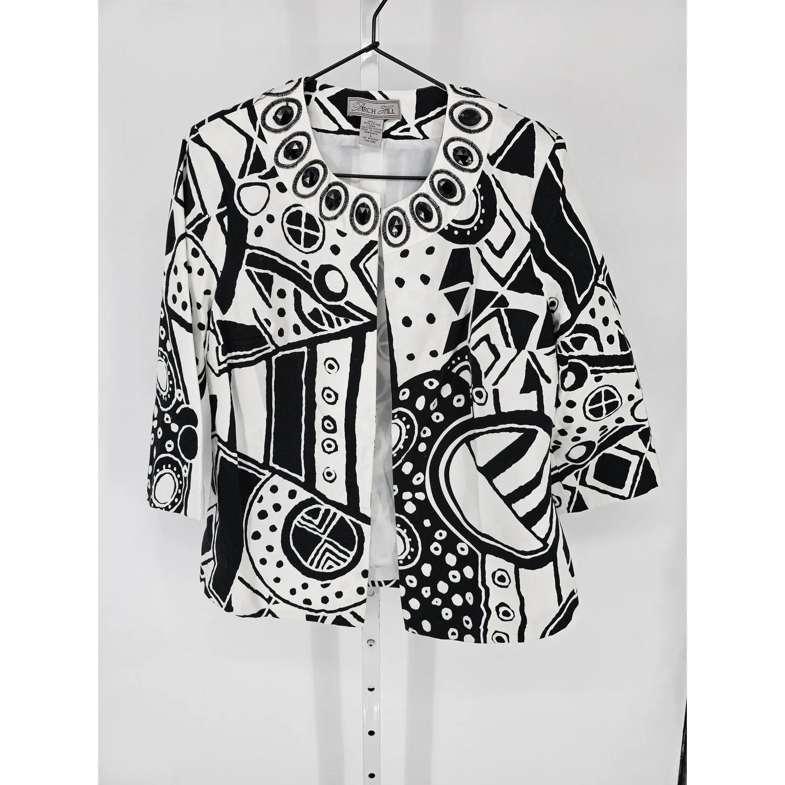 Birch Hill Womens L 100% Cotton 3/4 Sleeve Shrug Cardigan Black White Geometric