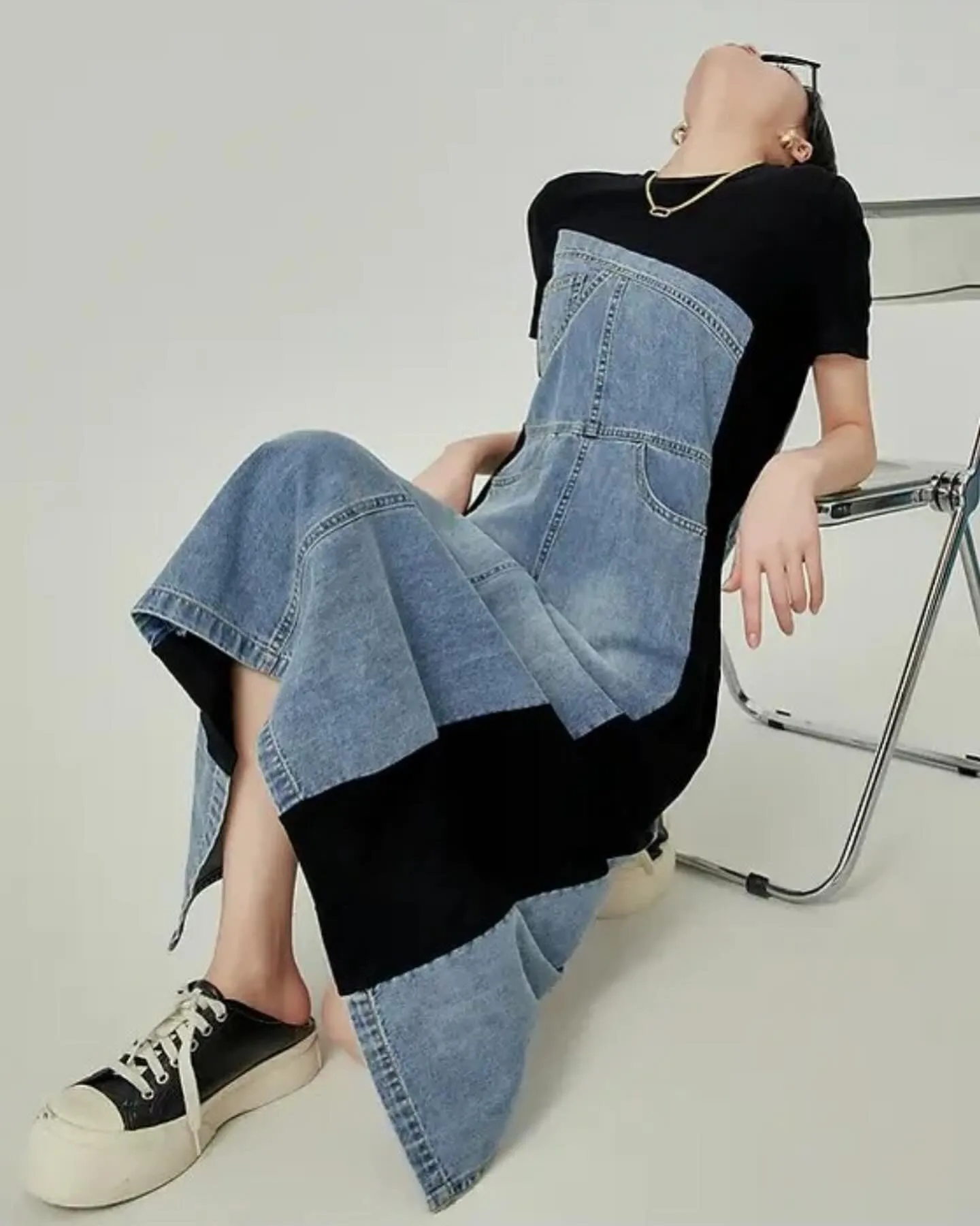 Black and denim asymmetrical sleeveless midi dress