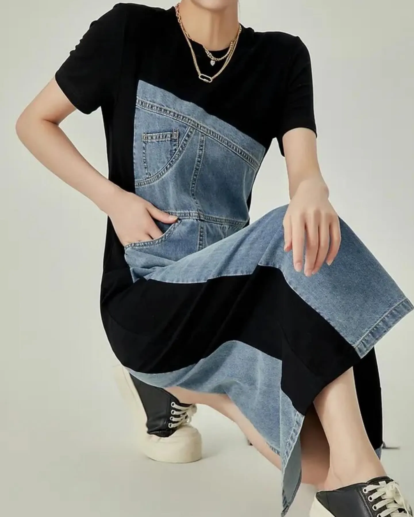 Black and denim asymmetrical sleeveless midi dress