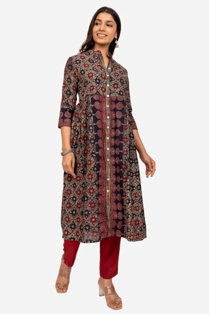 Black And Maroon Front Open Kurta