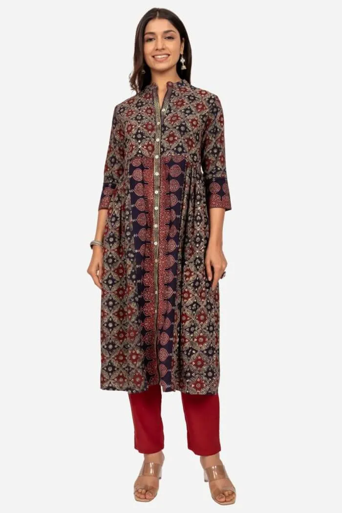 Black And Maroon Front Open Kurta