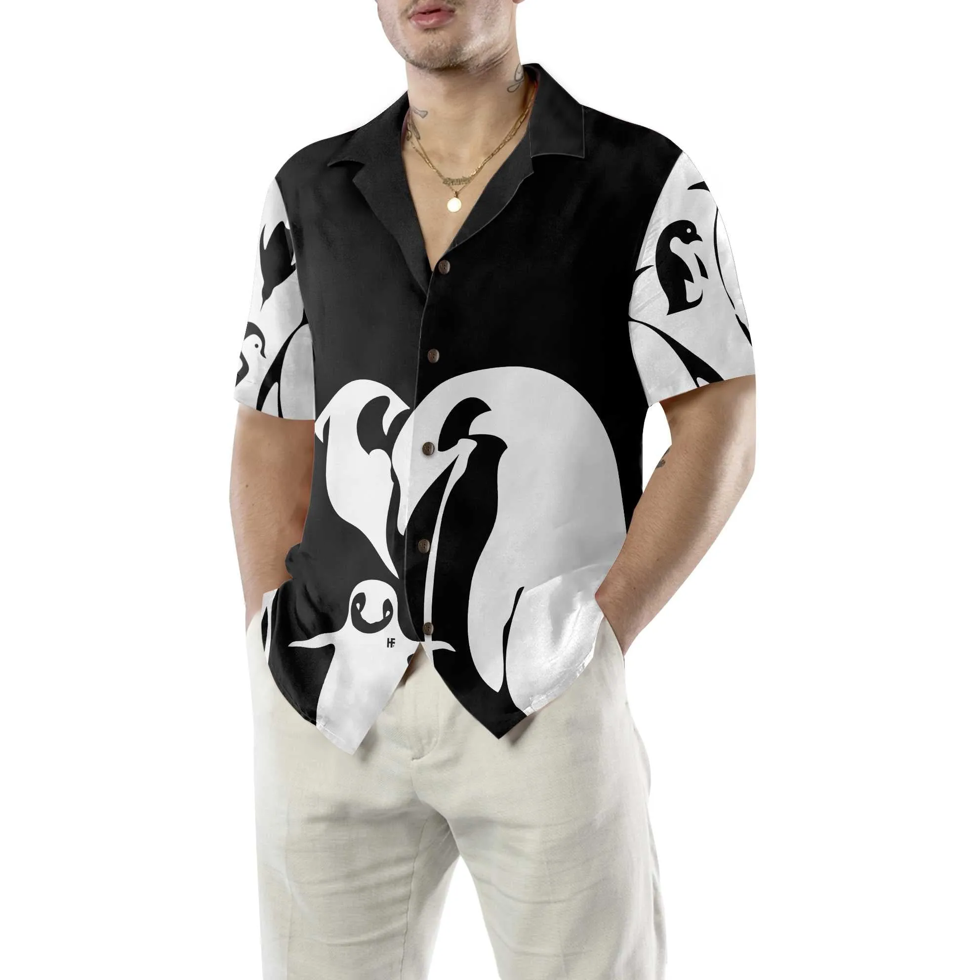 Black And White Penguin Hawaiian Shirt, Cool Penguin Shirt For Men, Penguin Themed Gift Idea