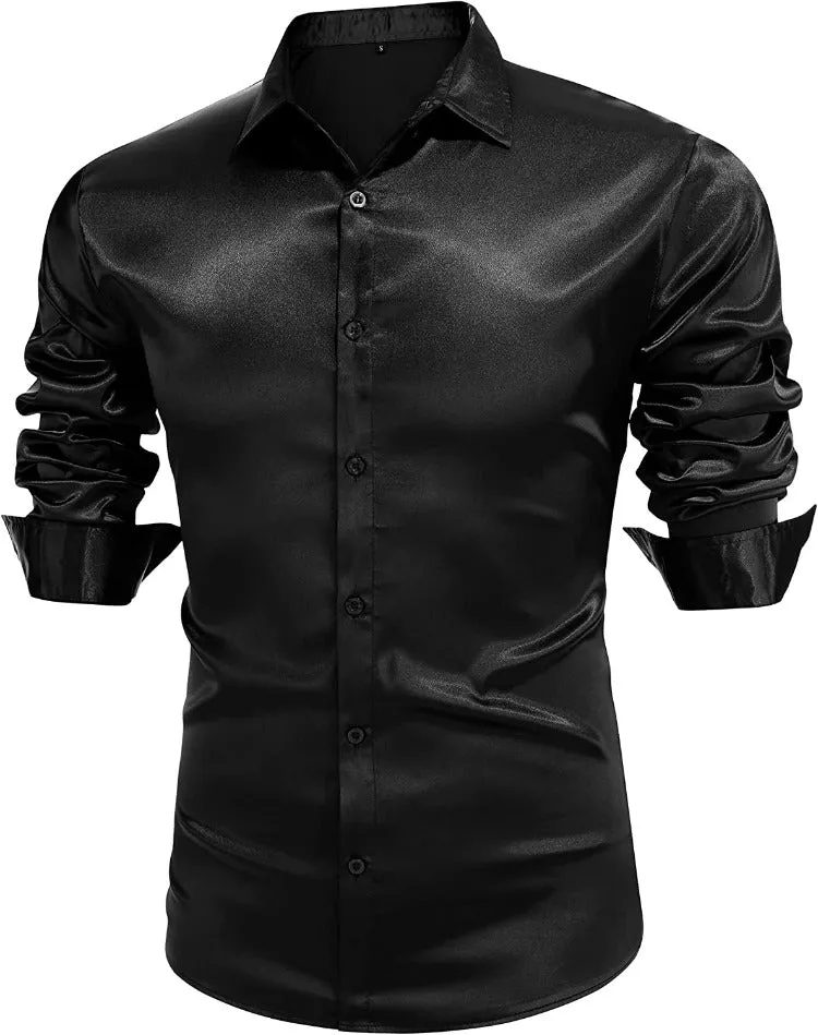 Black Men's Shiny Satin Silk Dress Shirt Long Sleeve Casual Slim Fit