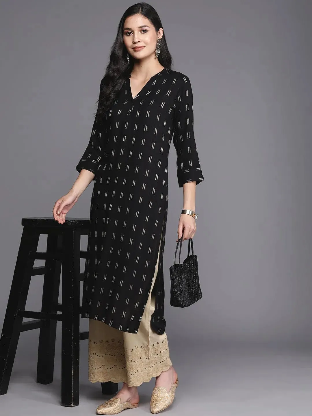 Black Woven Design Rayon Straight Kurta