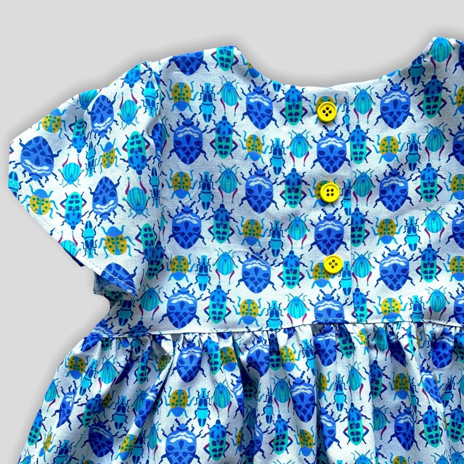 Blue Bug Dress with Tulip Sleeves and Bow for Babies and Kids