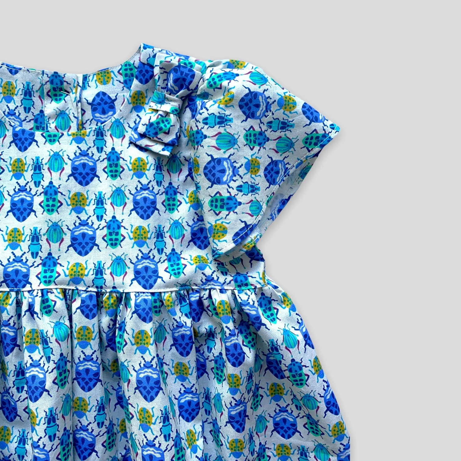 Blue Bug Dress with Tulip Sleeves and Bow for Babies and Kids