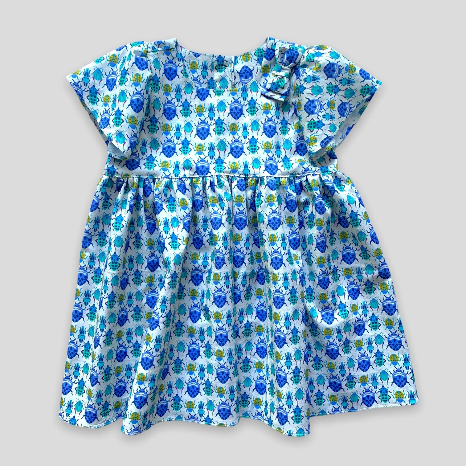 Blue Bug Dress with Tulip Sleeves and Bow for Babies and Kids