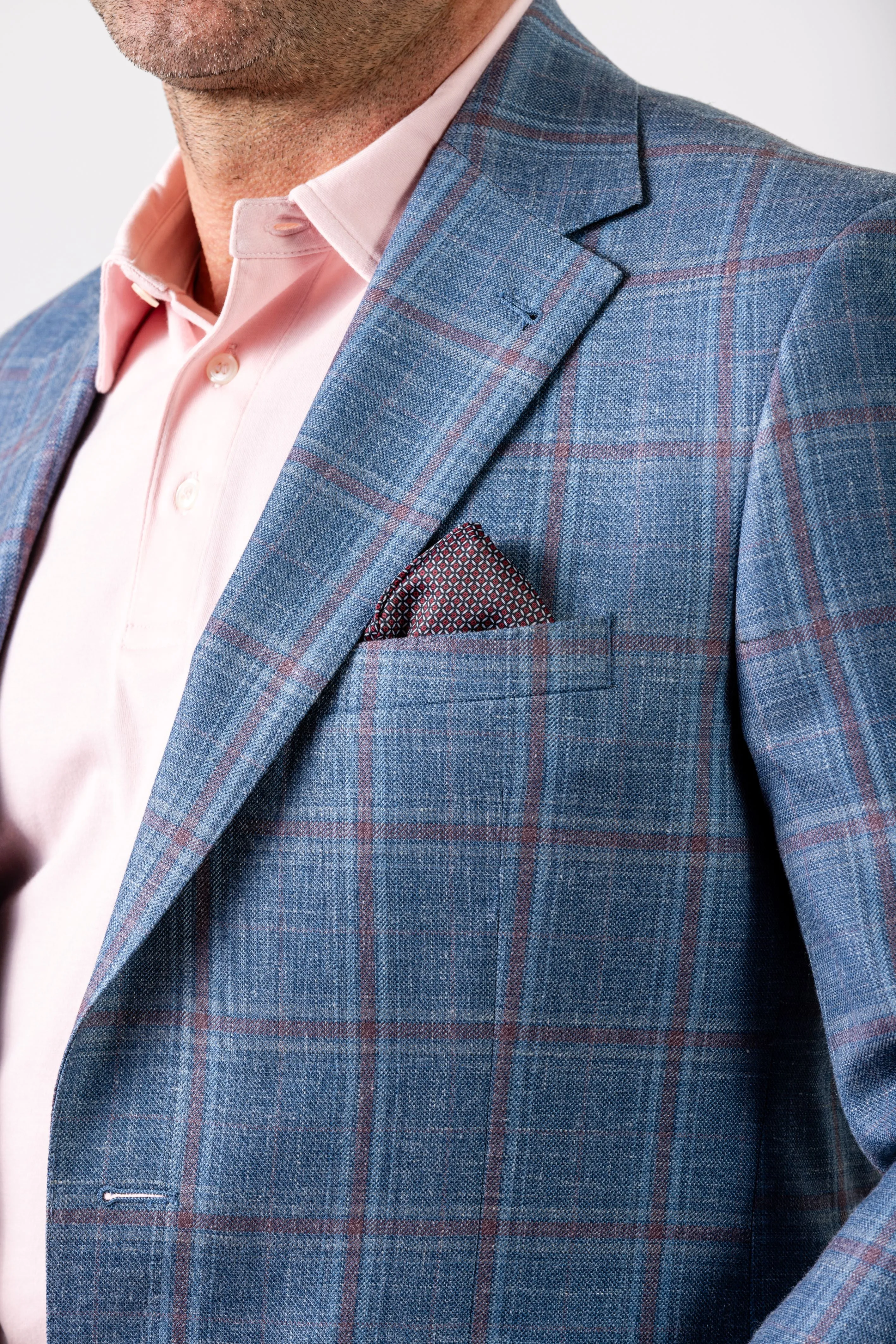 Blue Pink Windowpane Wool, Silk & Linen Sport Coat