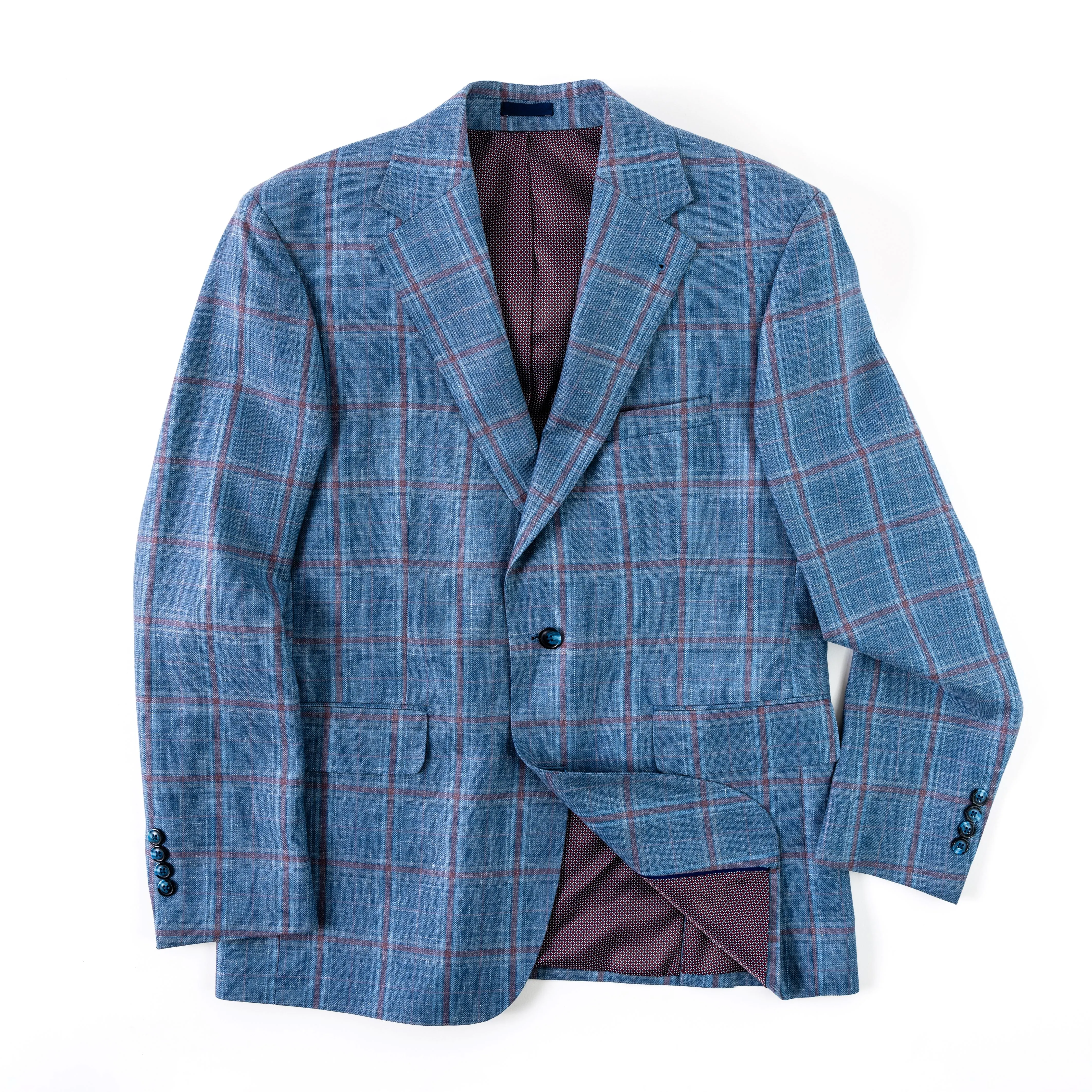 Blue Pink Windowpane Wool, Silk & Linen Sport Coat