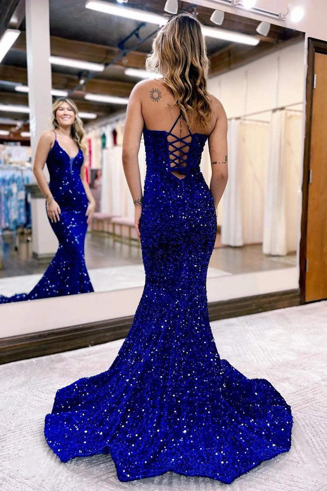 Blue V-Neck Sequins Long Prom Dress, Mermaid Evening Dress