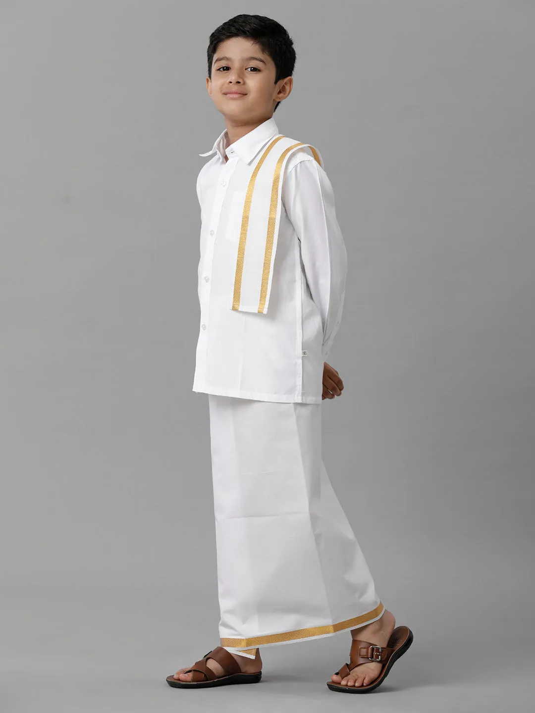 Boys Cotton White Full Sleeves Shirt Dhoti with Towel Set