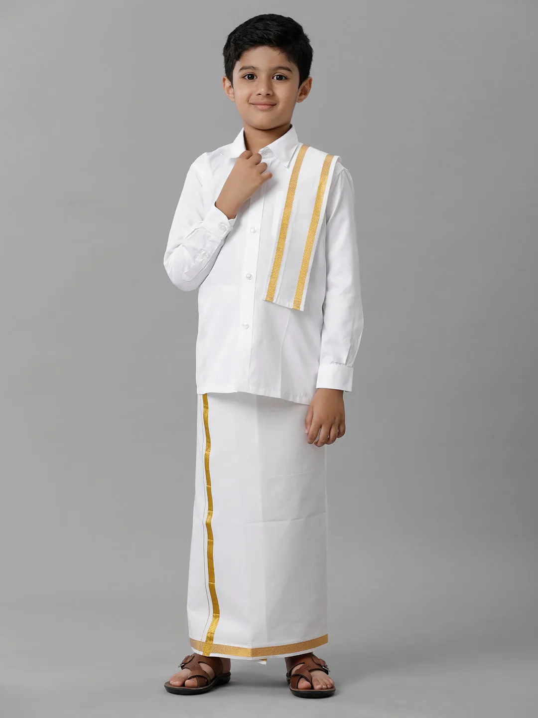 Boys Cotton White Full Sleeves Shirt Dhoti with Towel Set