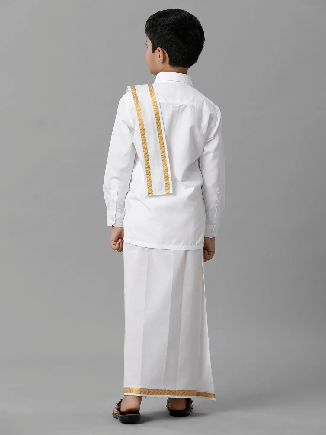 Boys Cotton White Full Sleeves Shirt Dhoti with Towel Set