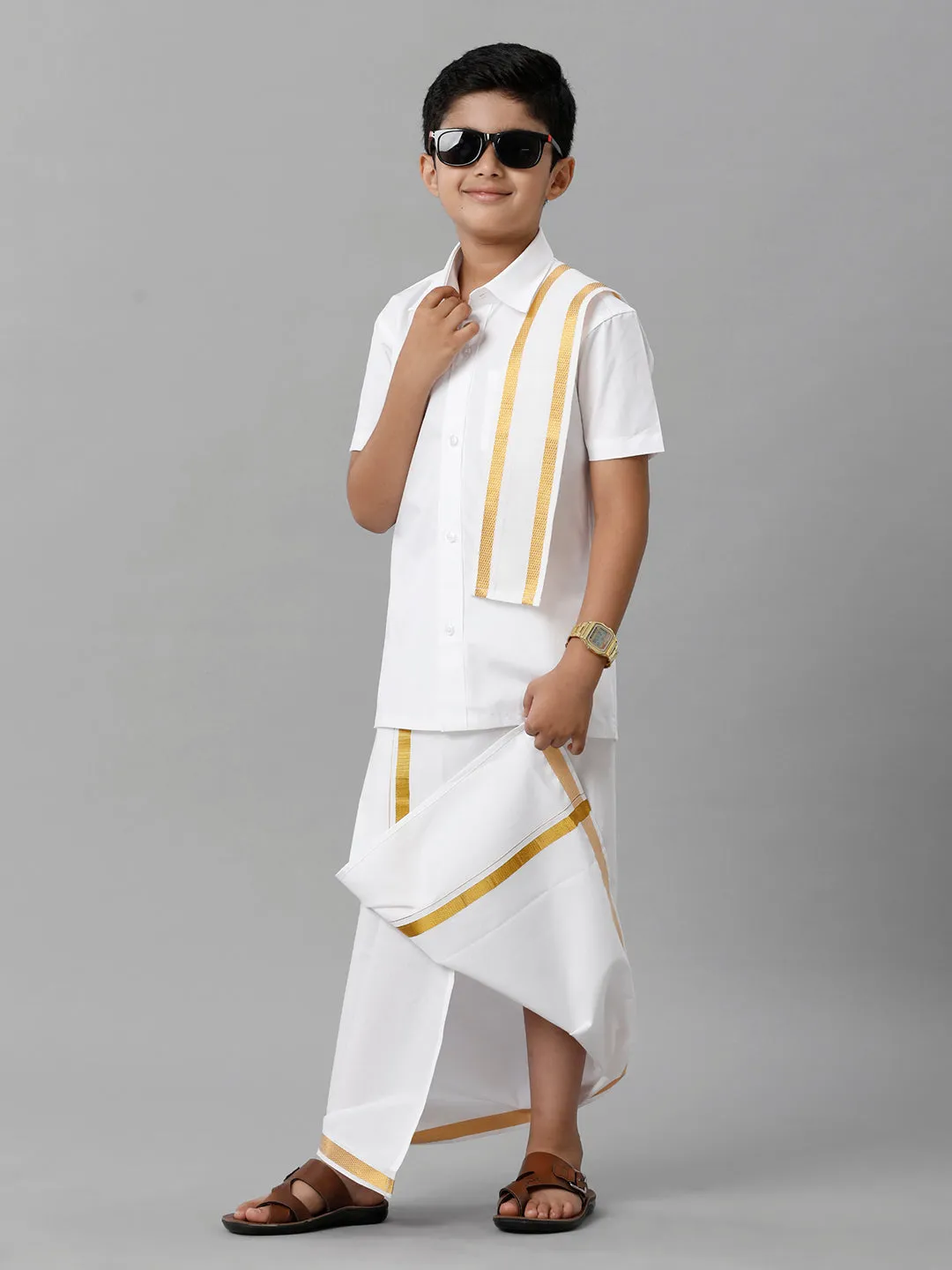 Boys Cotton White Half Sleeves Shirt Dhoti with Towel Set