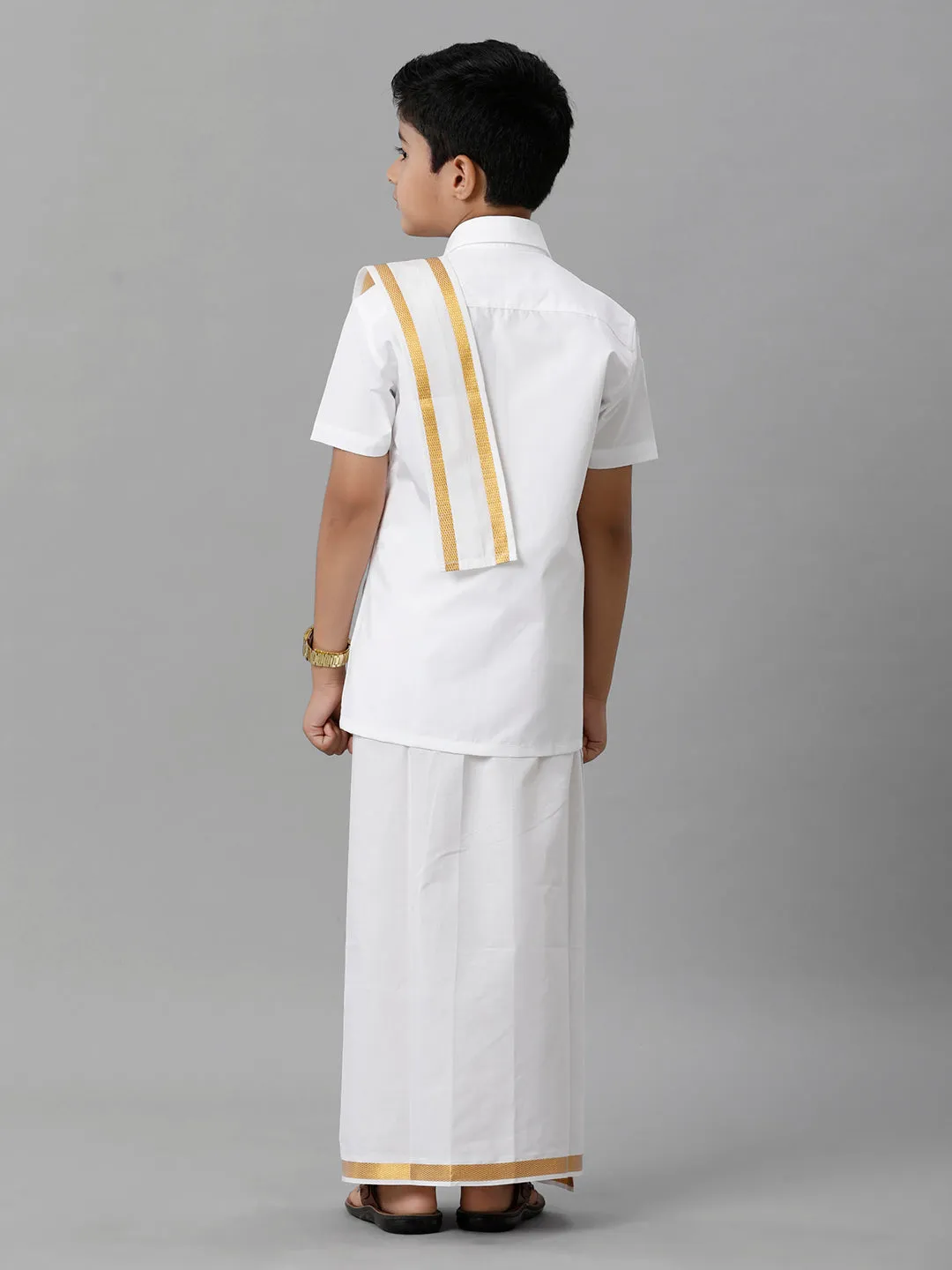 Boys Cotton White Half Sleeves Shirt Dhoti with Towel Set