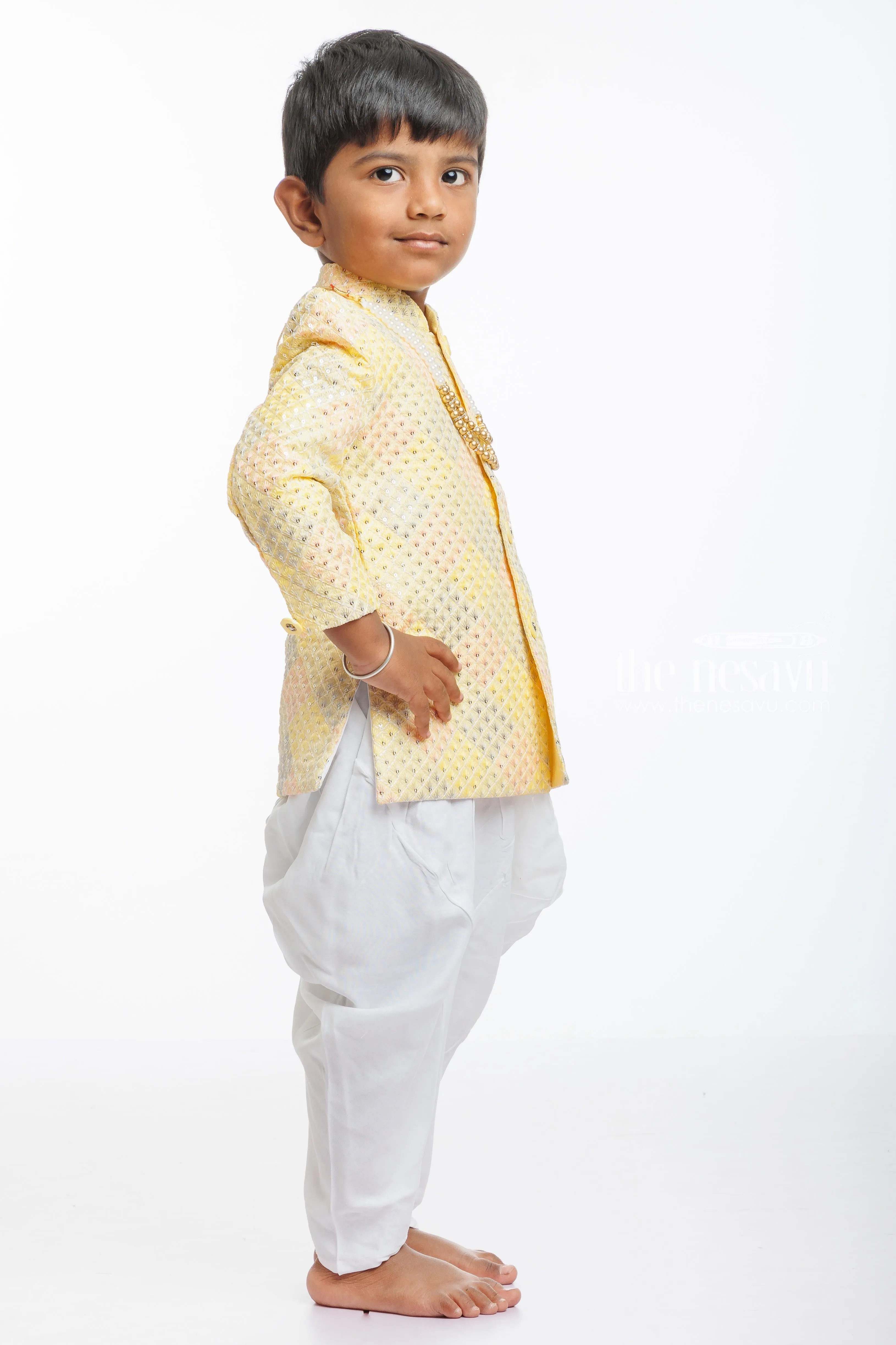 Boys Traditional Kurta with Silk Dhoti Set in Pastel Yellow