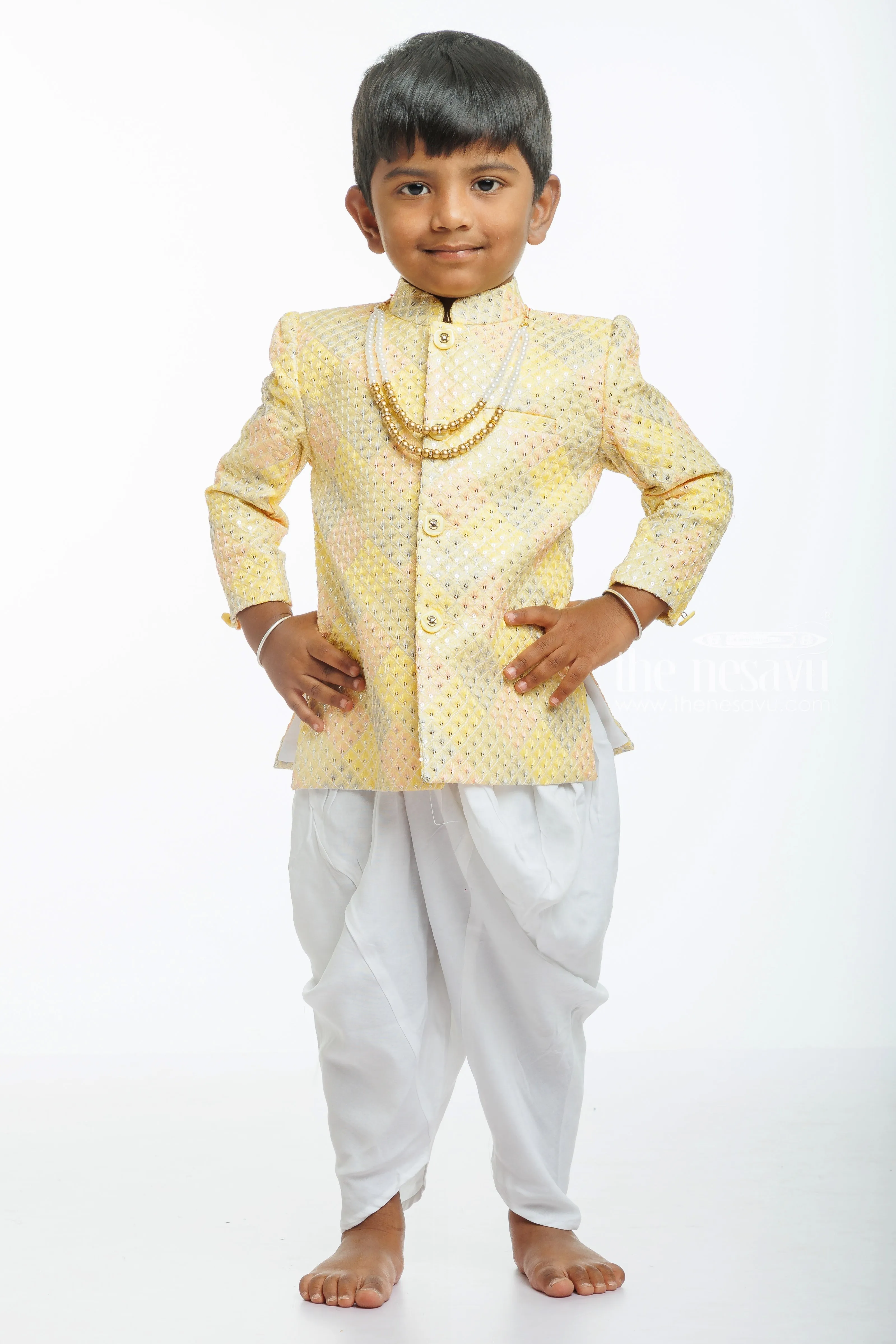 Boys Traditional Kurta with Silk Dhoti Set in Pastel Yellow