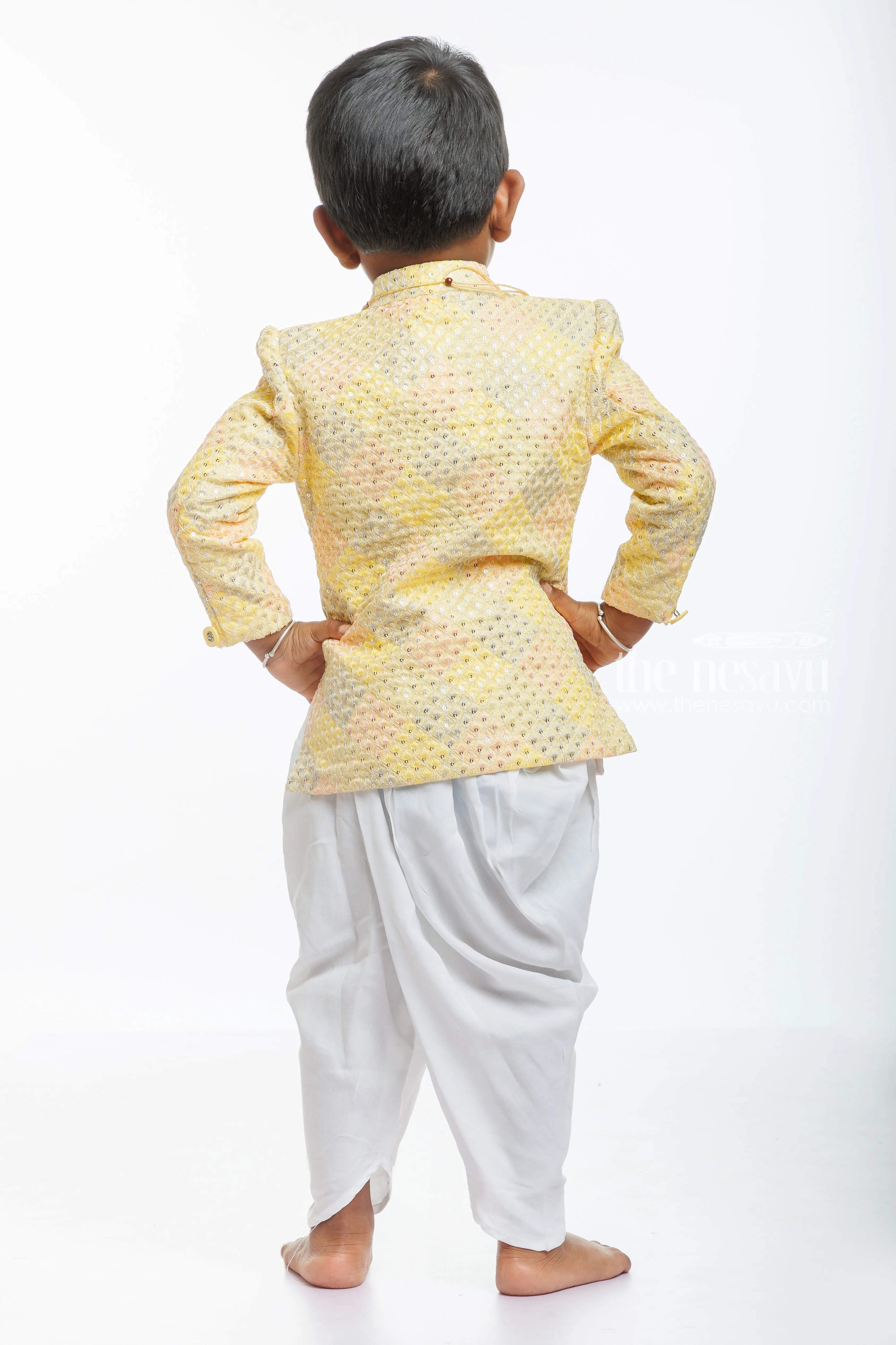 Boys Traditional Kurta with Silk Dhoti Set in Pastel Yellow