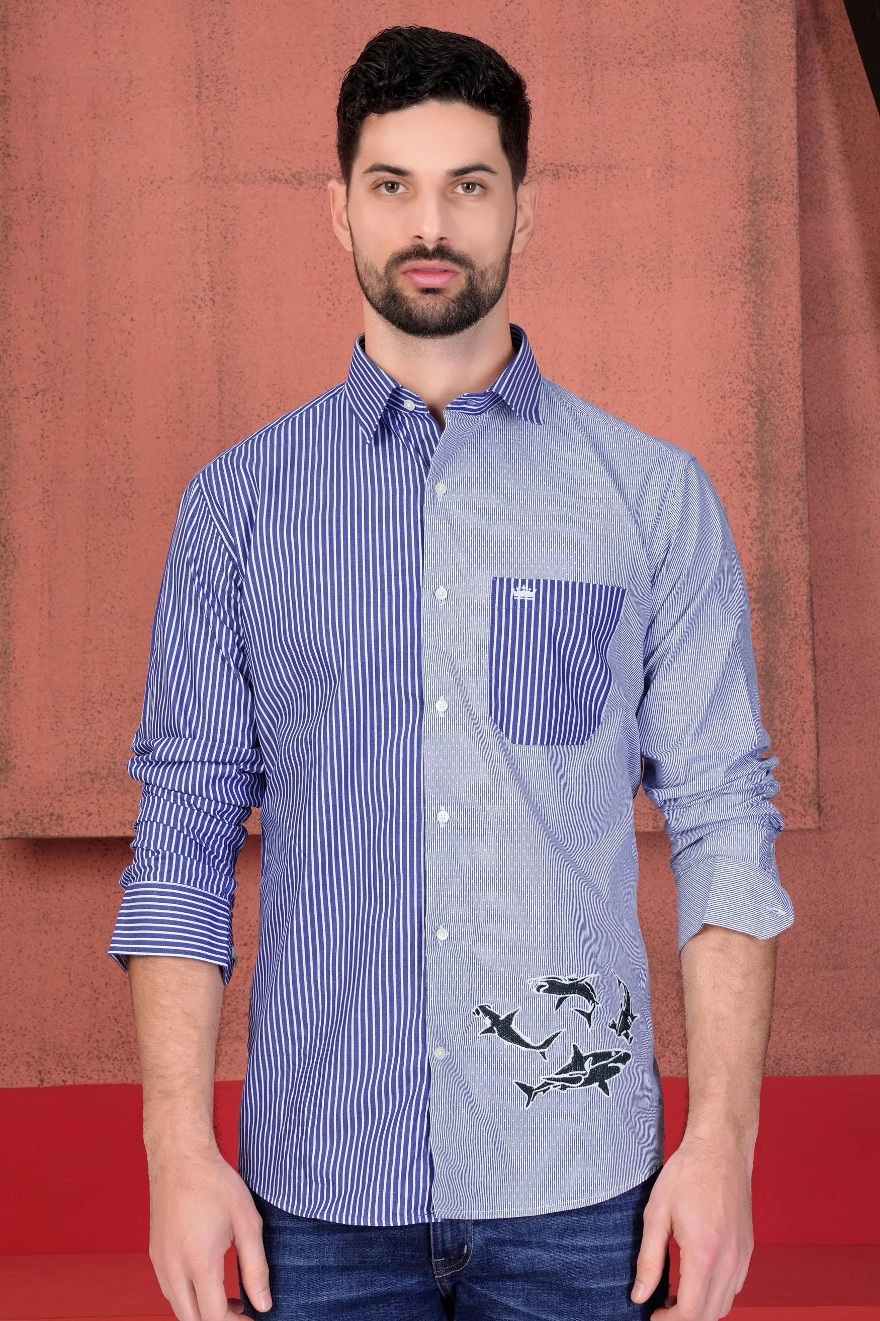 Bright White and Astronaut Blue Striped with Fishes Embroidered Premium Cotton Designer Shirt