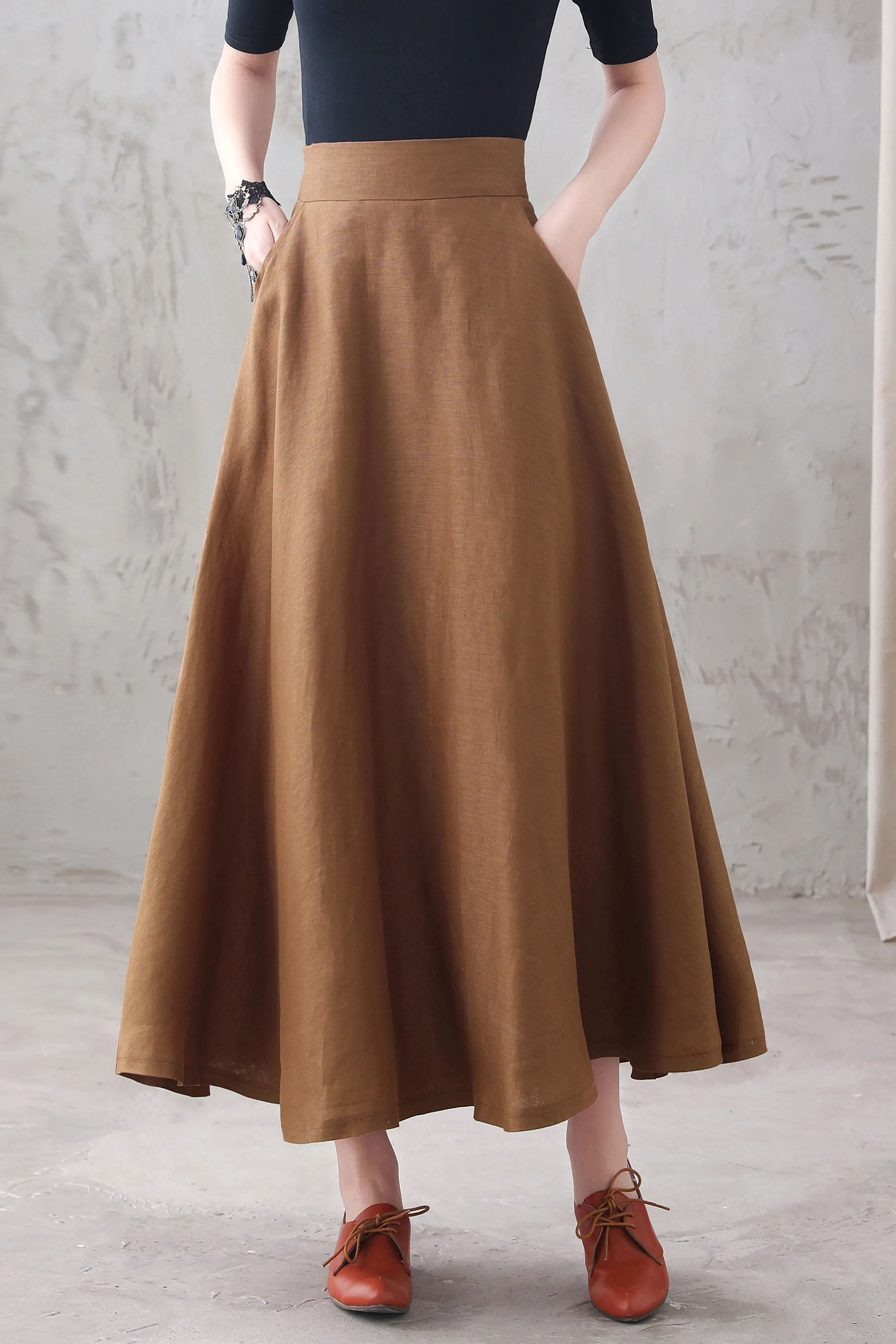 Brown Long Linen Maxi Skirt 3286