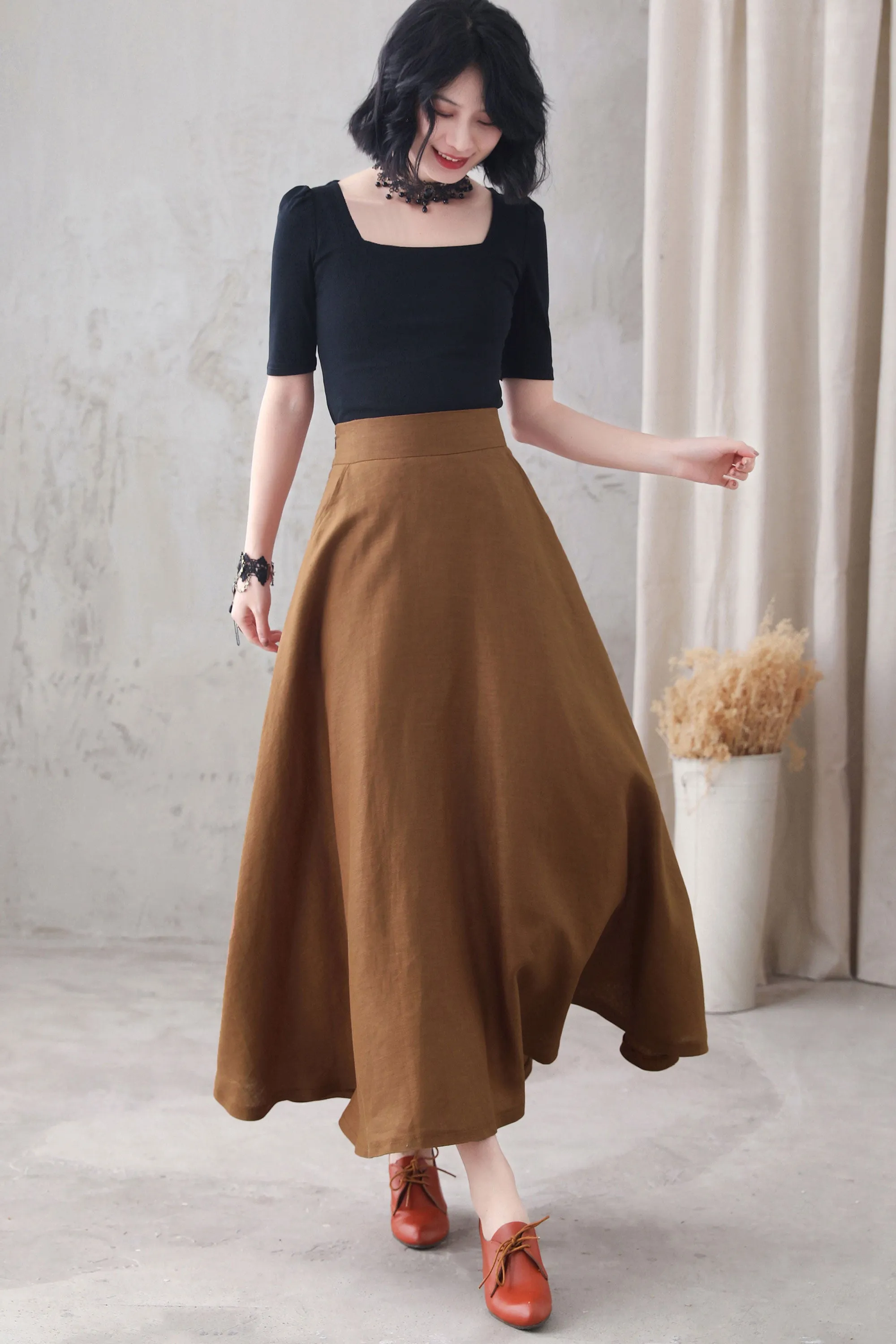 Brown Long Linen Maxi Skirt 3286