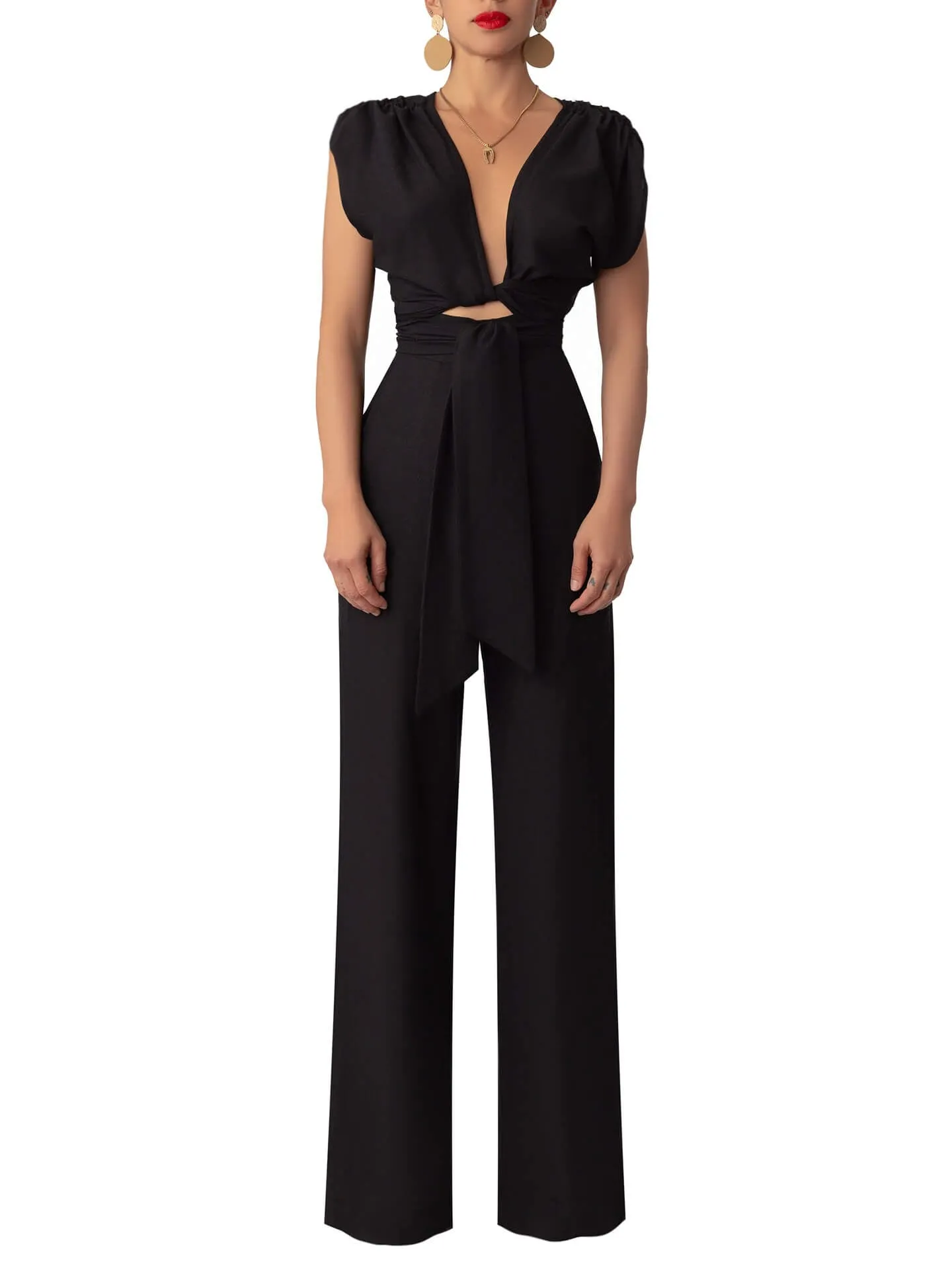 “Bọ́sẹ̀” Black Front Tie Linen Jumpsuit