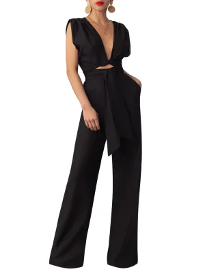 “Bọ́sẹ̀” Black Front Tie Linen Jumpsuit